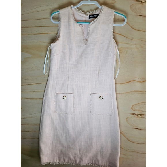 Karl Lagerfeld Dresses & Skirts - Karl Lagerfeld Paris Pink Tweed Sheath Dress Pearl Button Fringe Trim Size 6
